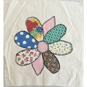 Vintage 1960s Floral Quilt Block Dresden Plate Applique Hand Stitched 12" Square